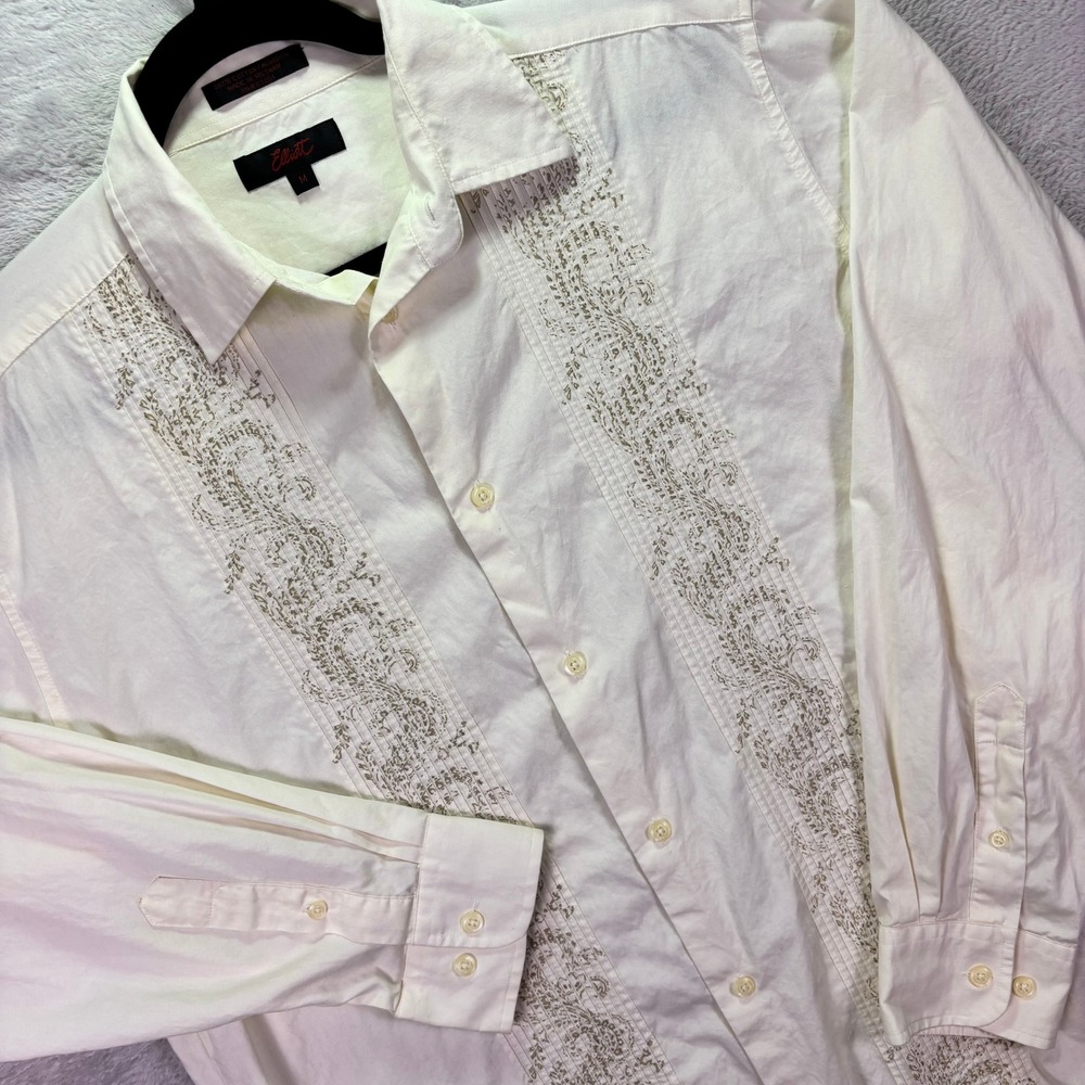 Elliott Men's Sz Medium Cream Embroidered Pintuck Long Sleeve Button Down Shirt